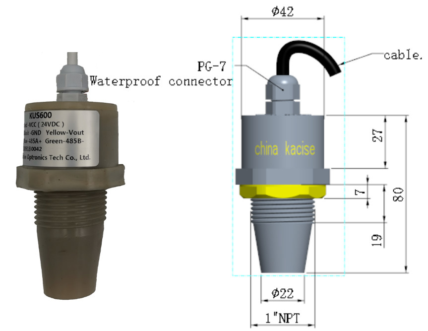 Medidor de nivel de agua ultrasónico IP68 de 5 m Salida RS485 Sensor de nivel de líquido PVDF KUS600