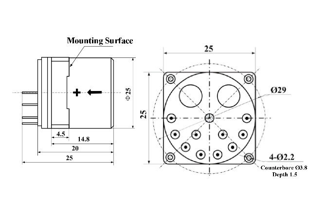 Acelerómetro de cuarzo KSQA11 con temperatura de funcionamiento de -45 ~ +100 °C, resistencia a los golpes de 500 g y tamaño compacto de Ø25 × 25 mm